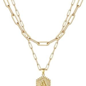 M MOOHAM Dainty Layered Initial Necklaces for Women Trendy, 14K Real Gold Plated Paperclip Chain Necklace Cute Hexagon Letter Pendant Initial Choker Necklace Gold Layered Necklaces for Women