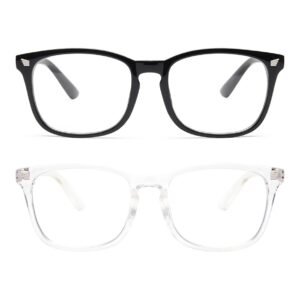 livho 2 Pack Blue Light Blocking Glasses, Computer Reading/Gaming/TV/Phones Glasses for Women Men,Anti Eyestrain & UV Glare (Light Black+Clear)